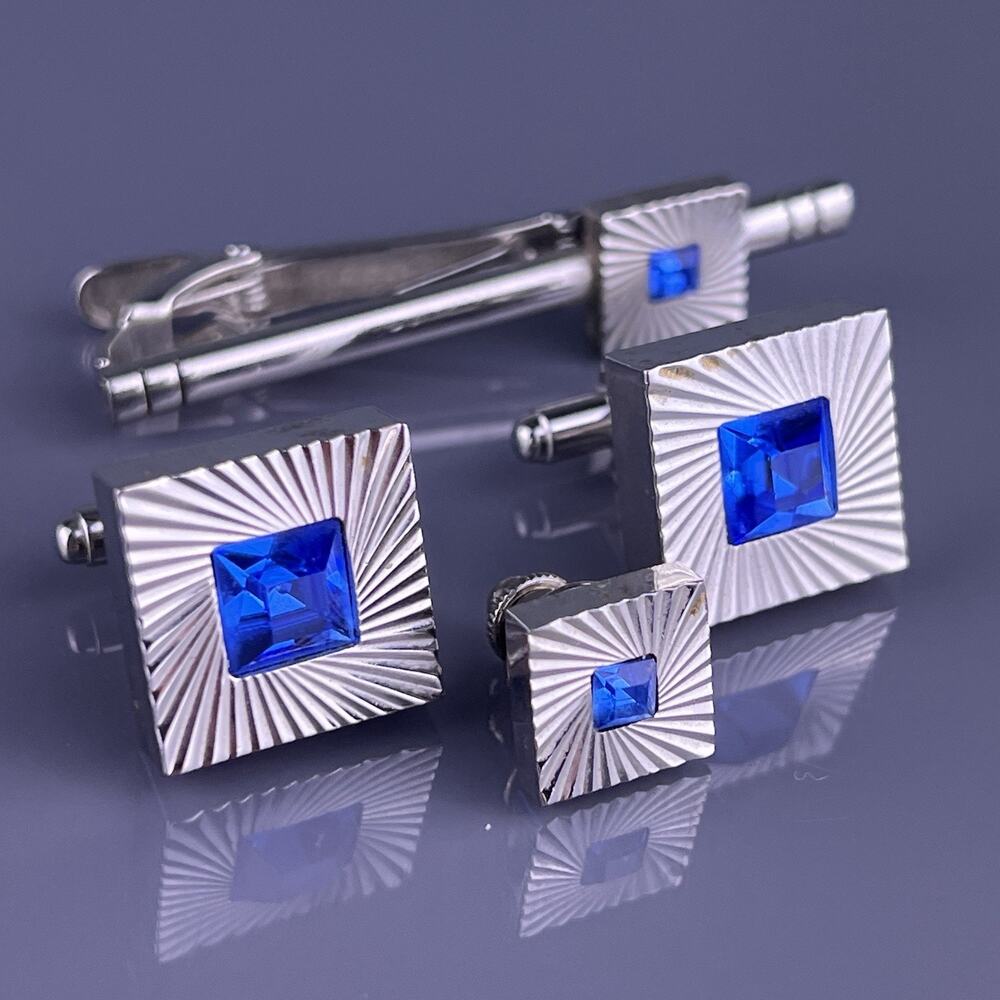 Blue Rhinestone Swirl Square Cufflinks Tie Clip & Pin Set Silver Tone Vintage